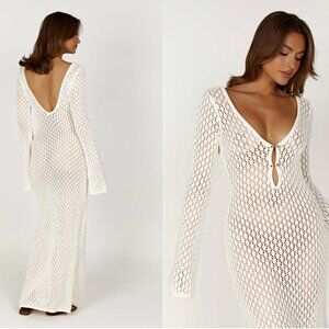 Meshki Crochet Fishtail Flare Sleeve Maxi Dress - White